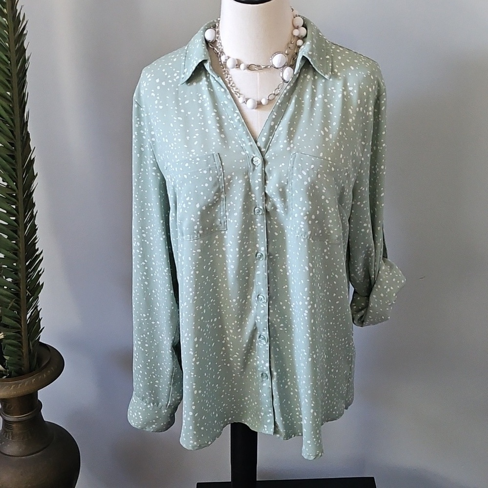 Maurices Sage Green and White Polka Dot Button Down Blouse